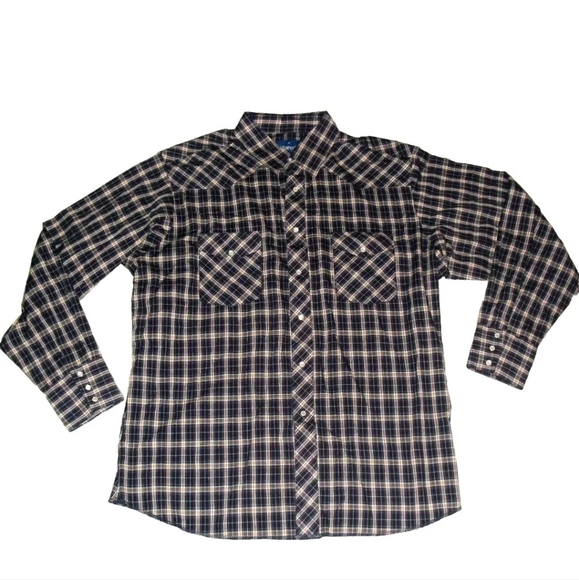 Wrangler 90s Vintage Mens Pearl Buttons Black Plaid Long Sleeve Shirt sz. XL New - Picture 1 of 4